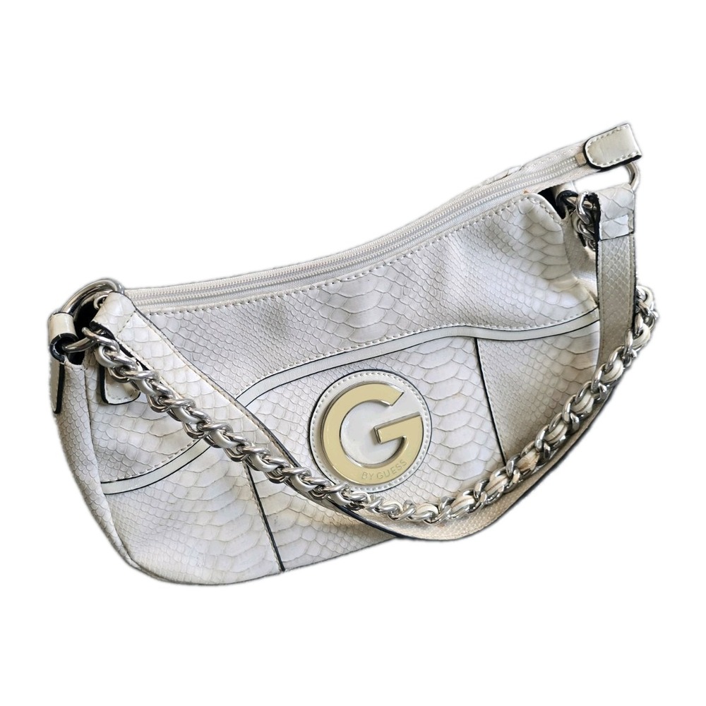 Vintage G by GUESS Y2K White Faux Snakeskin Shoulder Bag with Chain Detail